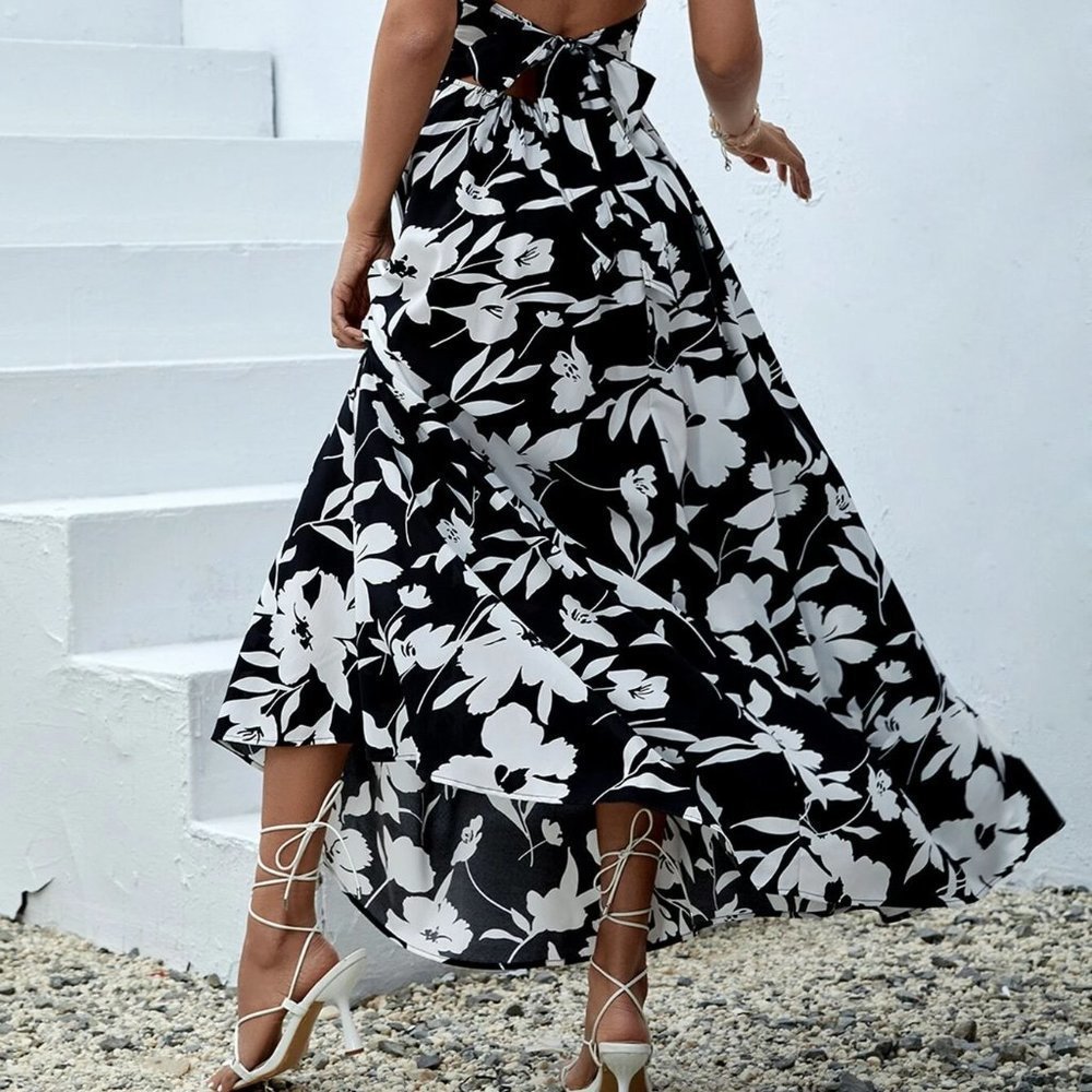Black Boho Womens Floral Print Criss Cross Tie Backless Halter Dress - Picture 4 of 5